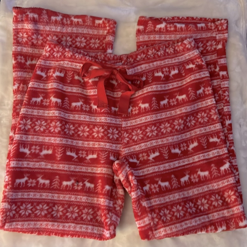 BODY CANDY 🦌 RED PLUSH FLEECE SNOWFLAKE DEER PAJAMA LOUNGE PANTS Women’s Jr. L